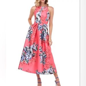 Kay Unger New York Floral Halter Midi Dress with Pockets